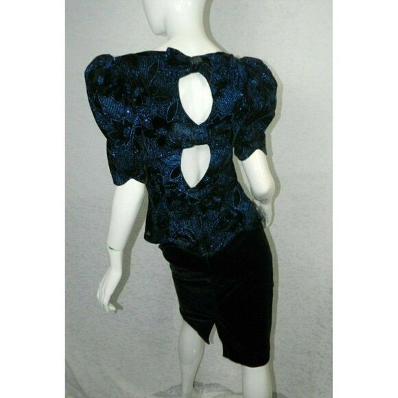 Jessica McClintock Dress Vintage Black Velvet Blue Sparkles Open Back Size 8 - Picture 5 of 13